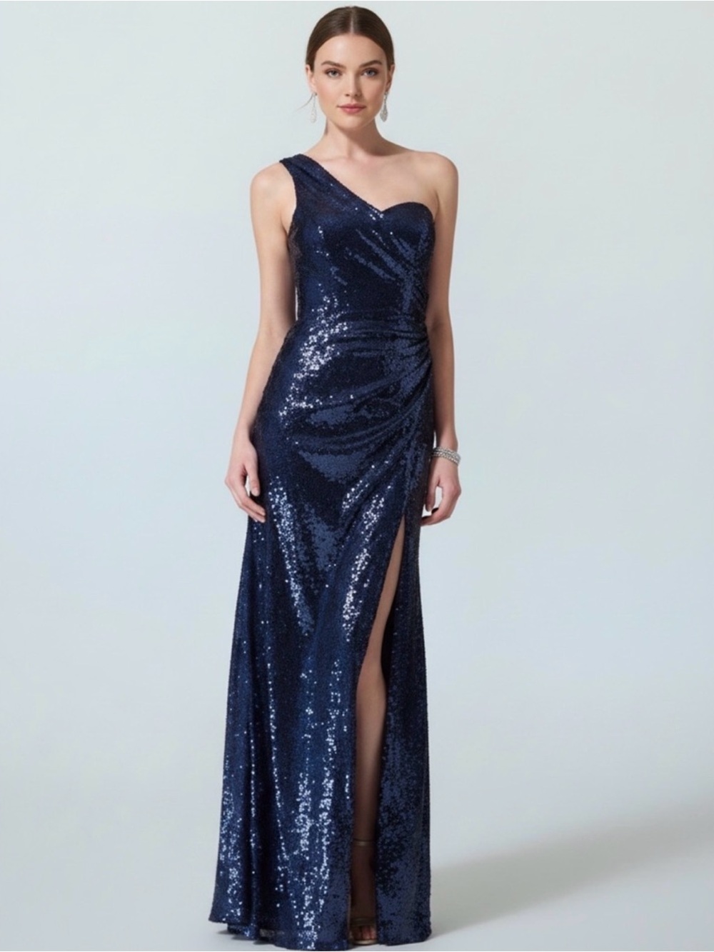 Cache One-Shoulder Navy Sequin Evening Gown